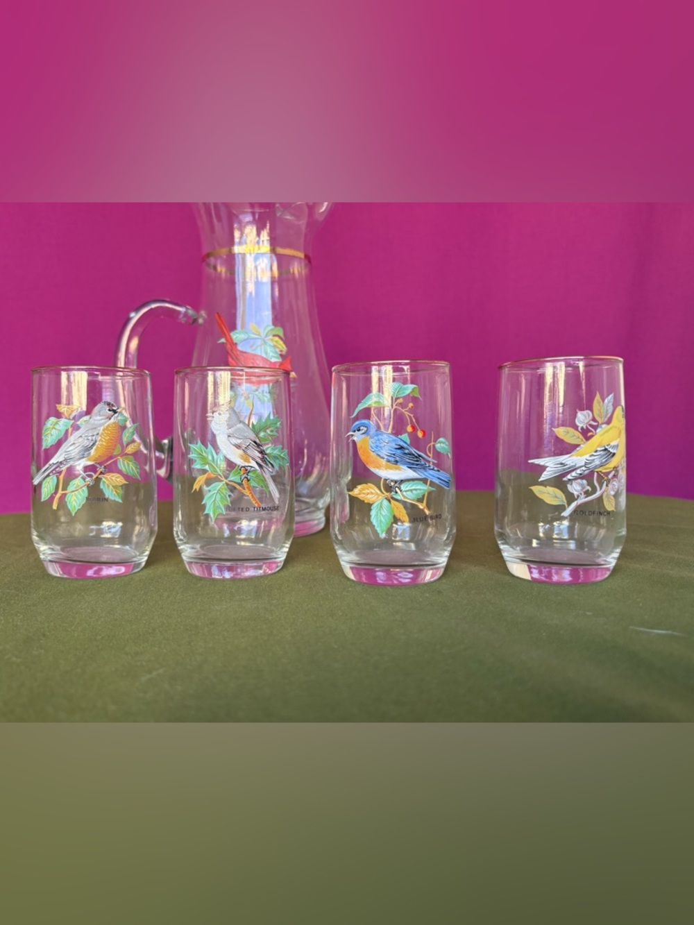Vintage Bird Glass Set Pitcher & 4 Glasses Gold Rim Barware